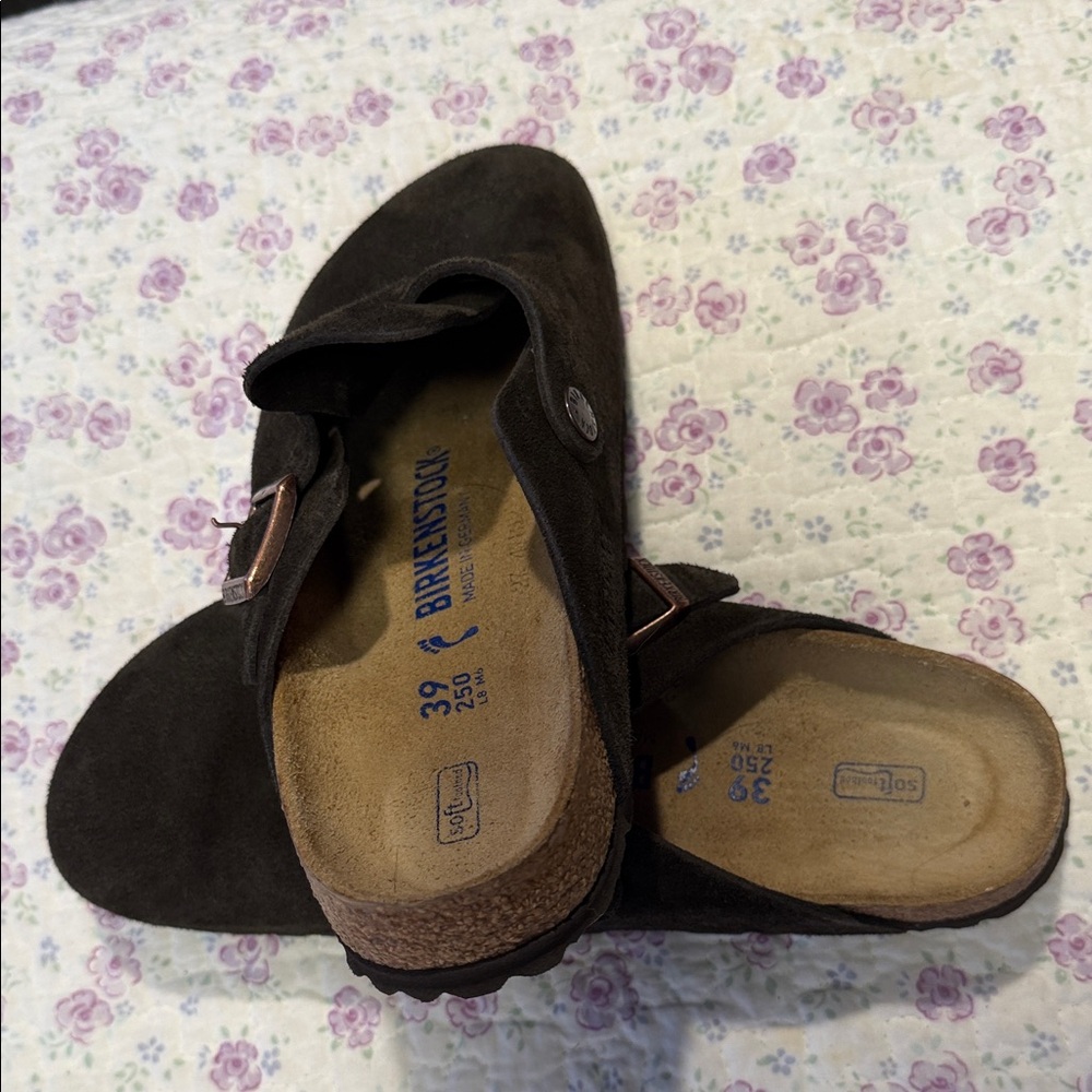 Birkenstock Dark Brown Suede Boston Clogs with Copper Buckles